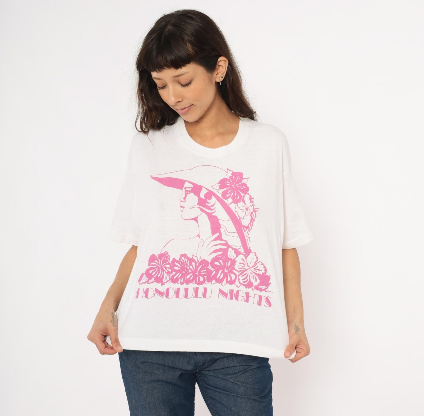 90s Honolulu Nights Fruit of the Loom Crop Tee White Pink Hibiscus Medium Large