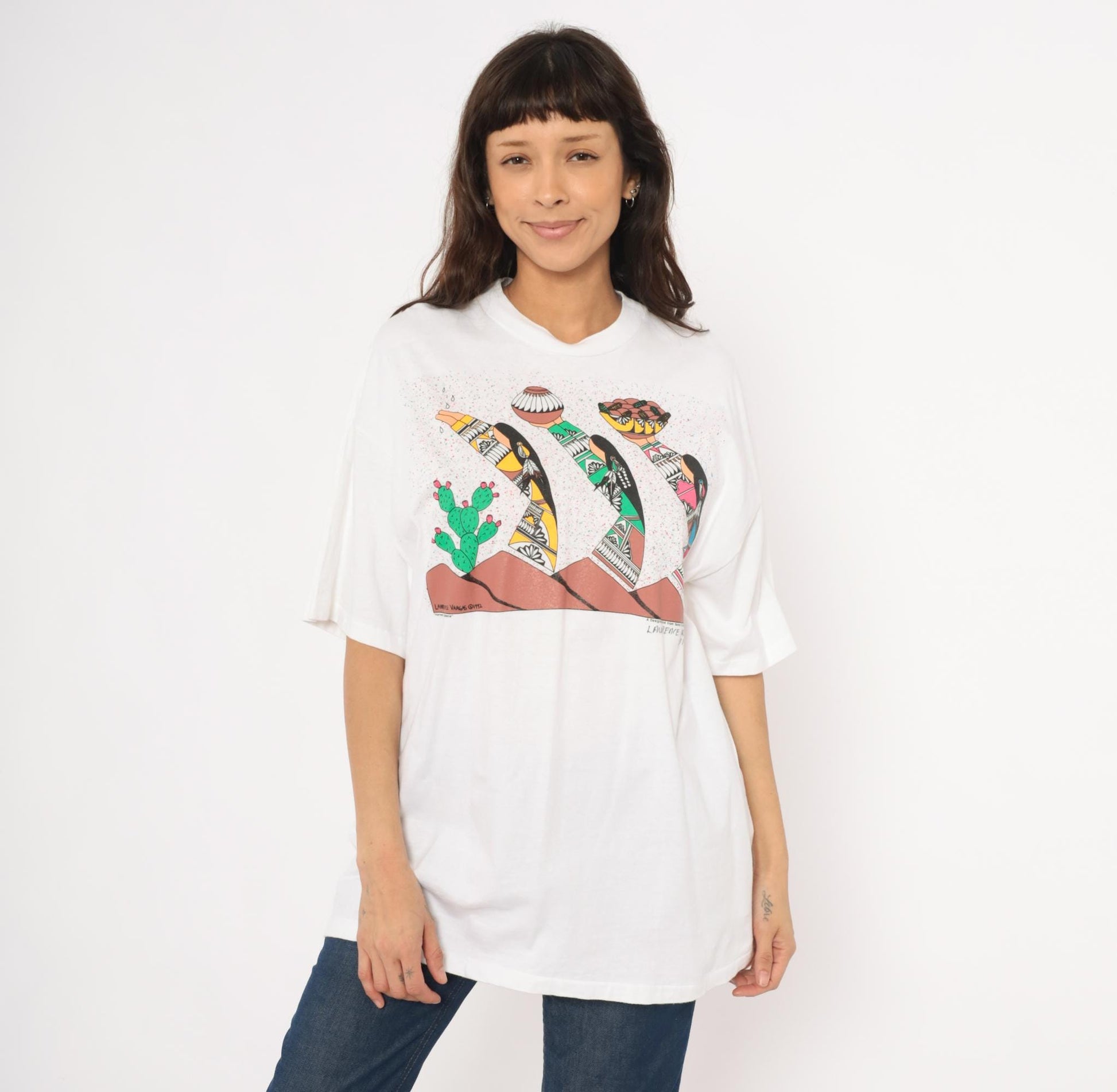 90s Lawrence Vargas Harvest Maidens Southwestern Graphic Tee White Cotton Extra Large XXL