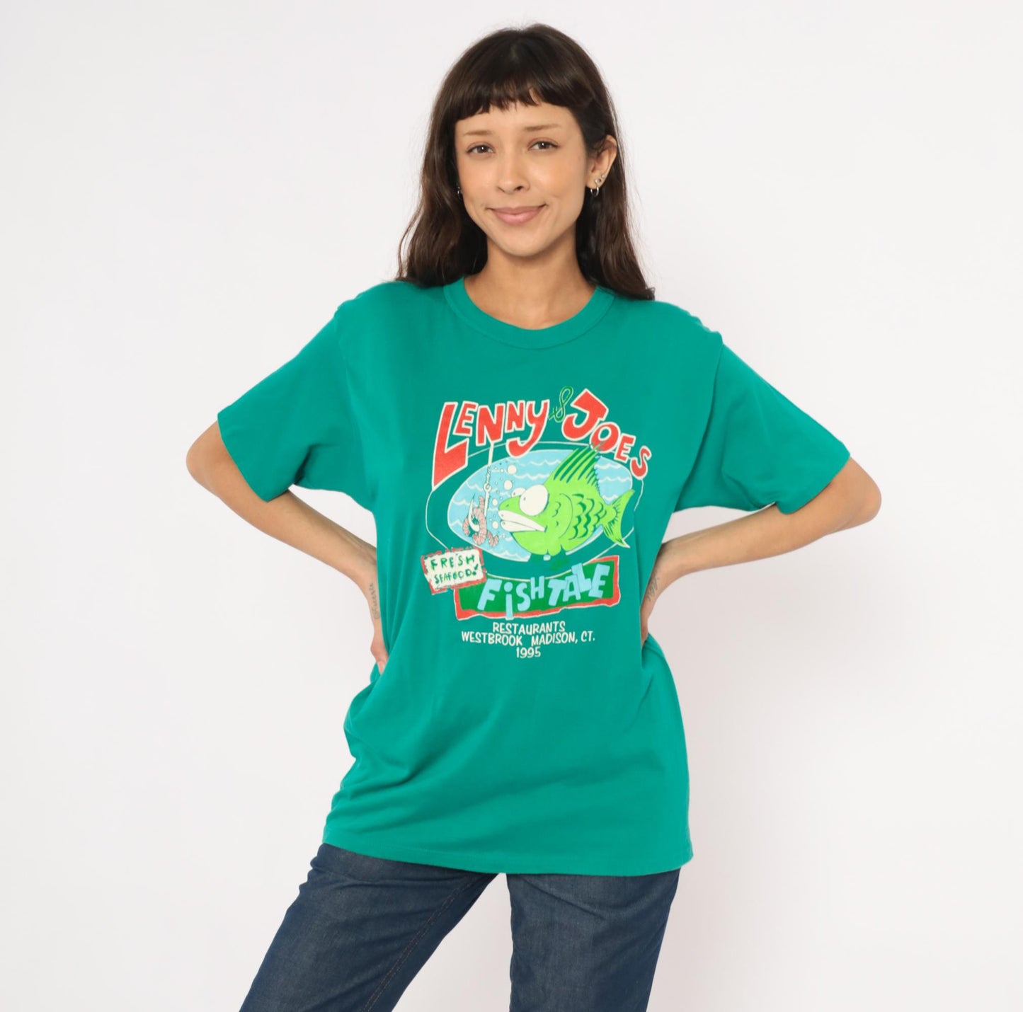 90s Lenny & Joe's Fish Tale Teal Graphic Tee Cotton Cartoon Fish Large L