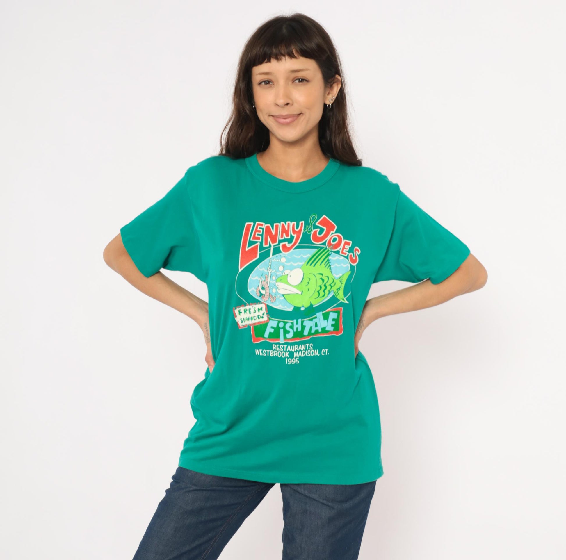 90s Lenny & Joe's Fish Tale Teal Graphic Tee Cotton Cartoon Fish Large L