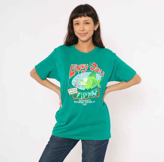 90s Lenny & Joe's Fish Tale Teal Graphic Tee Cotton Cartoon Fish Large L