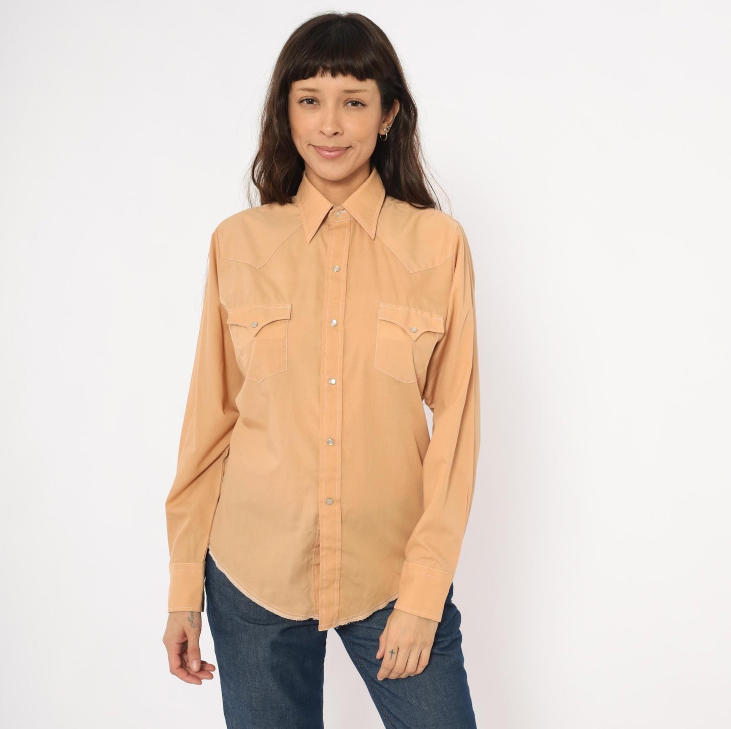 80s Western Fashions Pearl Snap Shirt Peach Cotton Pointed Collar Yoke Small