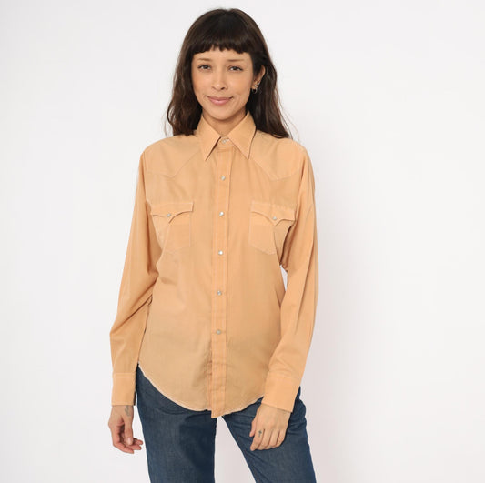 80s Western Fashions Pearl Snap Shirt Peach Cotton Pointed Collar Yoke Small