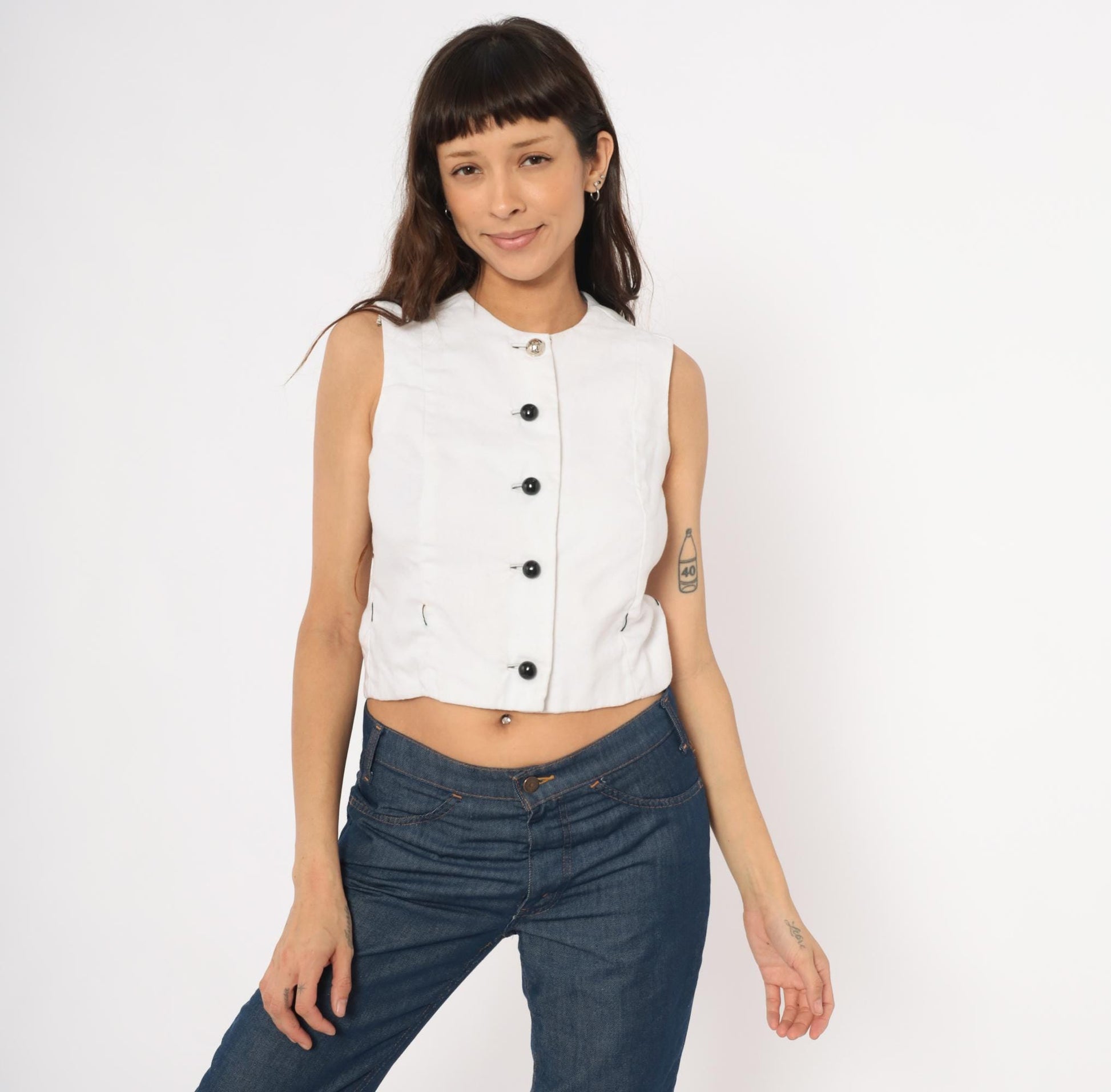 60s Rembrandt Linen Vest White Button Front Sleeveless Crop Top Extra Small XS