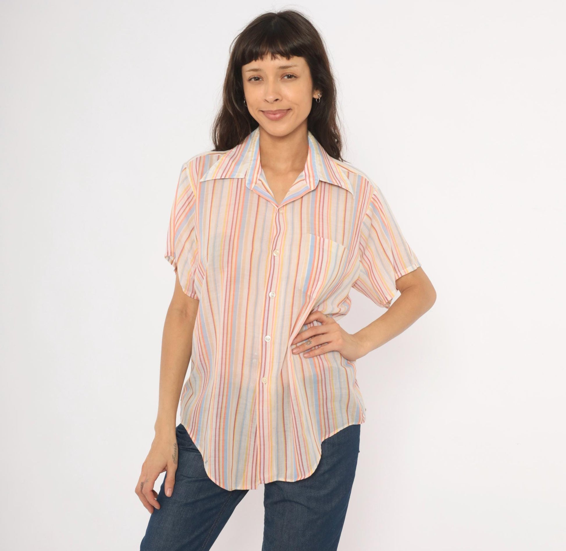 70s Brookdale Striped Camp Shirt Pastel Rainbow Cotton Notched Collar Medium