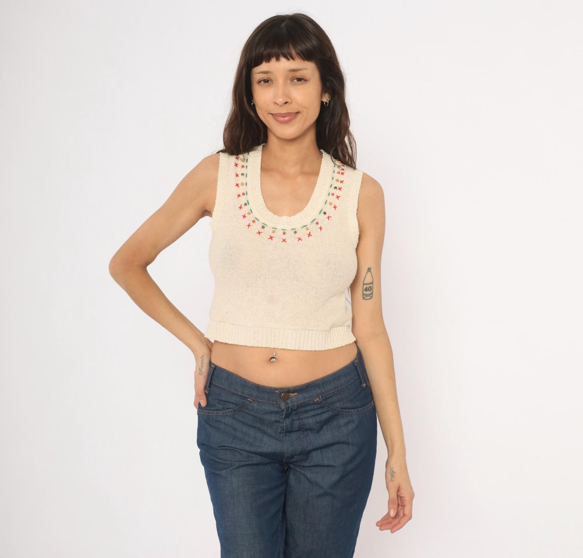 70s Cream Knit Vest Embroidered Cross-Stitch Beaded Neckline Sleeveless Small S
