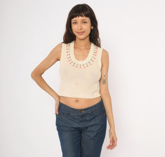 70s Cream Knit Vest Embroidered Cross-Stitch Beaded Neckline Sleeveless Small S