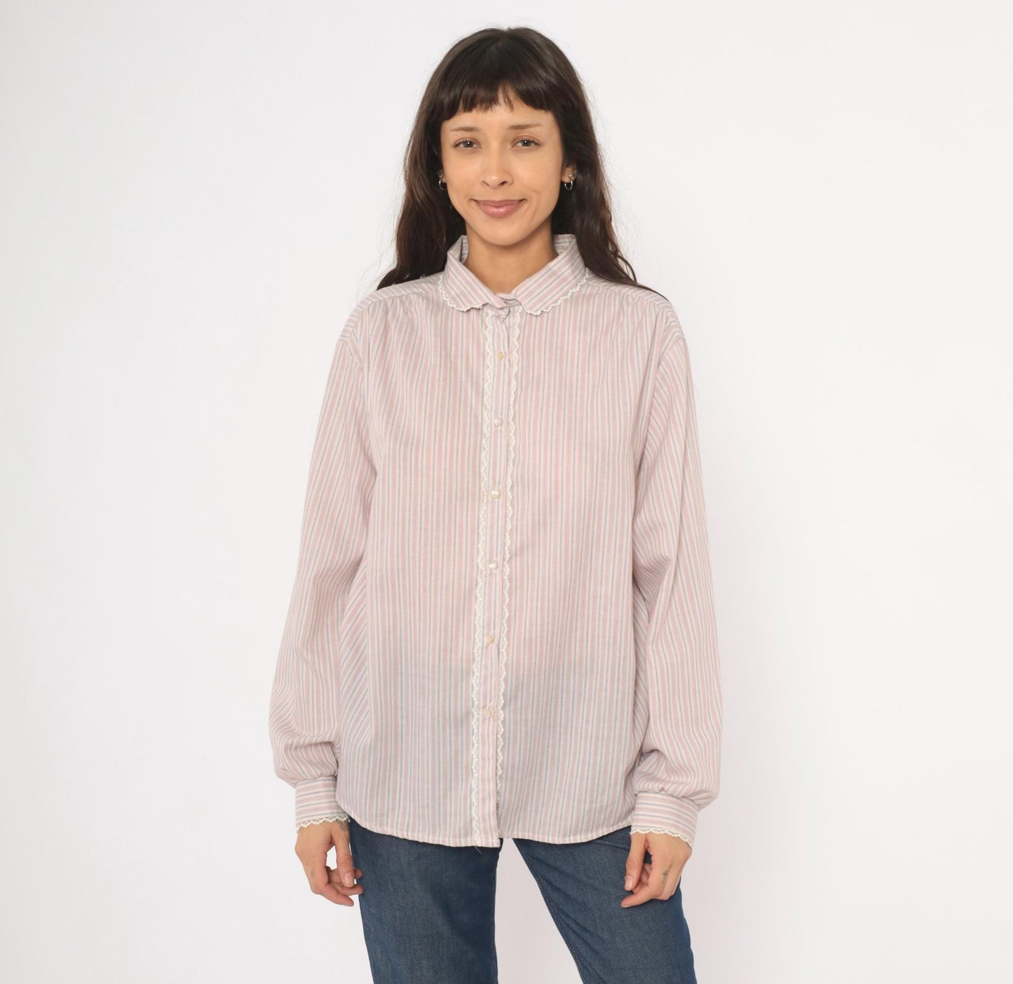 80s Laura Mae Striped Cotton Blouse Peter Pan Collar Lace Trim Extra Large XL