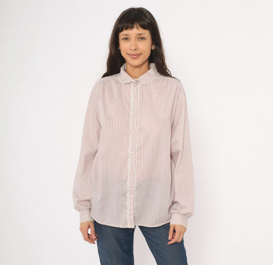 80s Laura Mae Striped Cotton Blouse Peter Pan Collar Lace Trim Extra Large XL