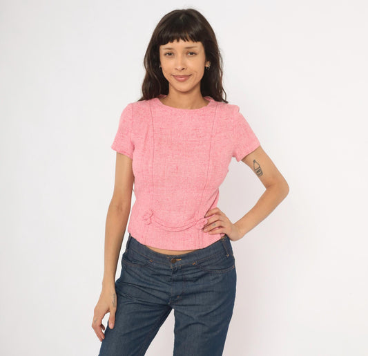 60s Pink Tweed Blouse Scoop Neck Bow Detail Fitted Waist Cotton Small