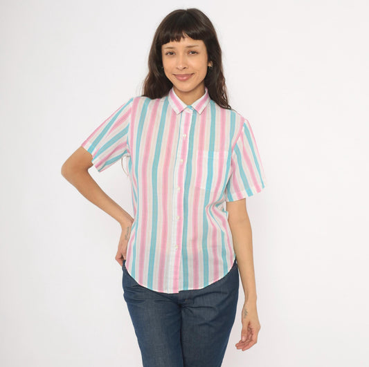 80s Shirtmakers Ltd. Candy Stripe Button-Up Blouse Pink Sky Blue Large L