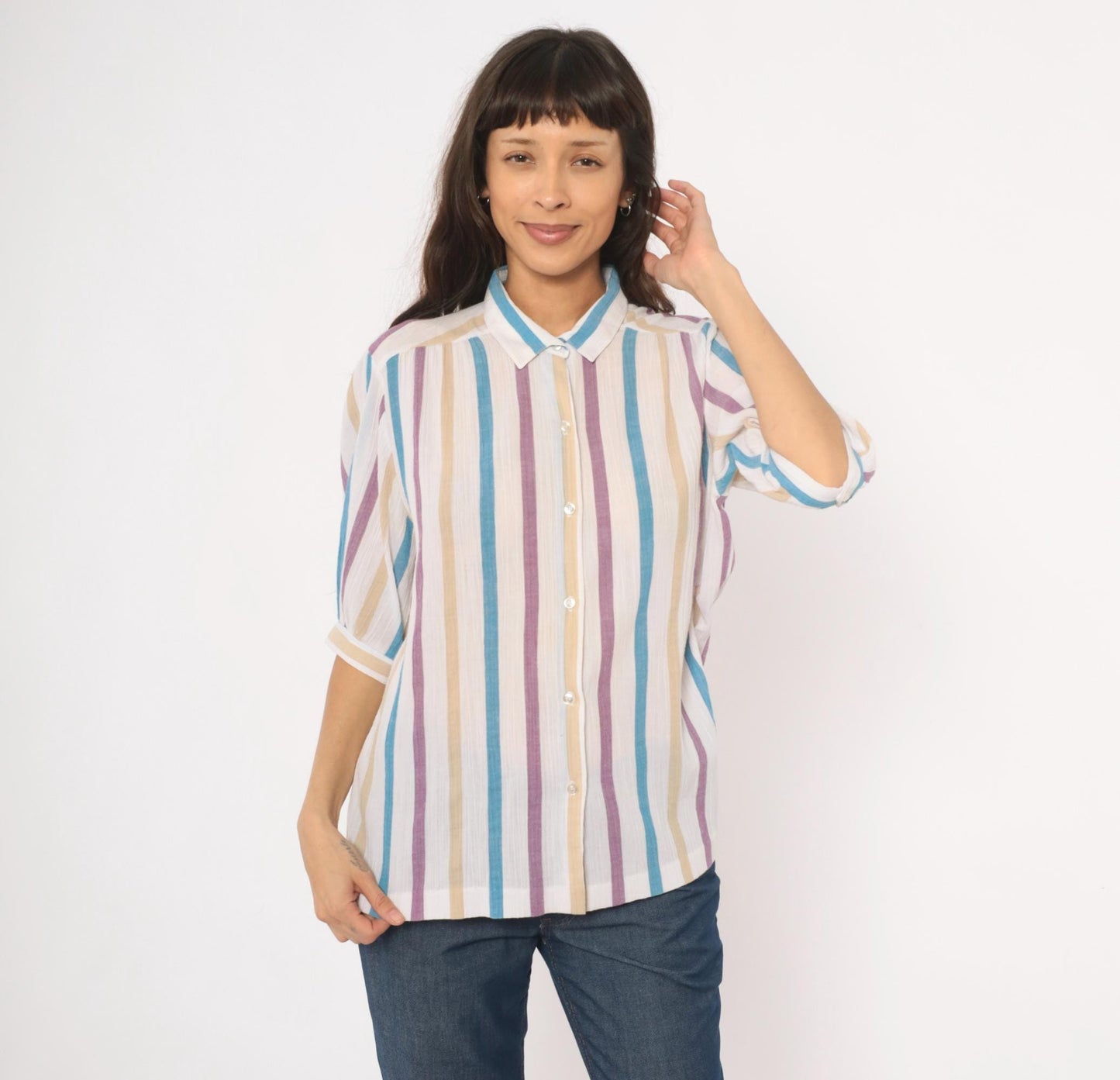 80s Koret Vertical Stripe Button Front Blouse Cream Purple Blue Tan Extra Large XL