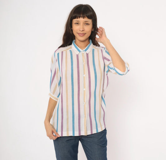 80s Koret Vertical Stripe Button Front Blouse Cream Purple Blue Tan Extra Large XL
