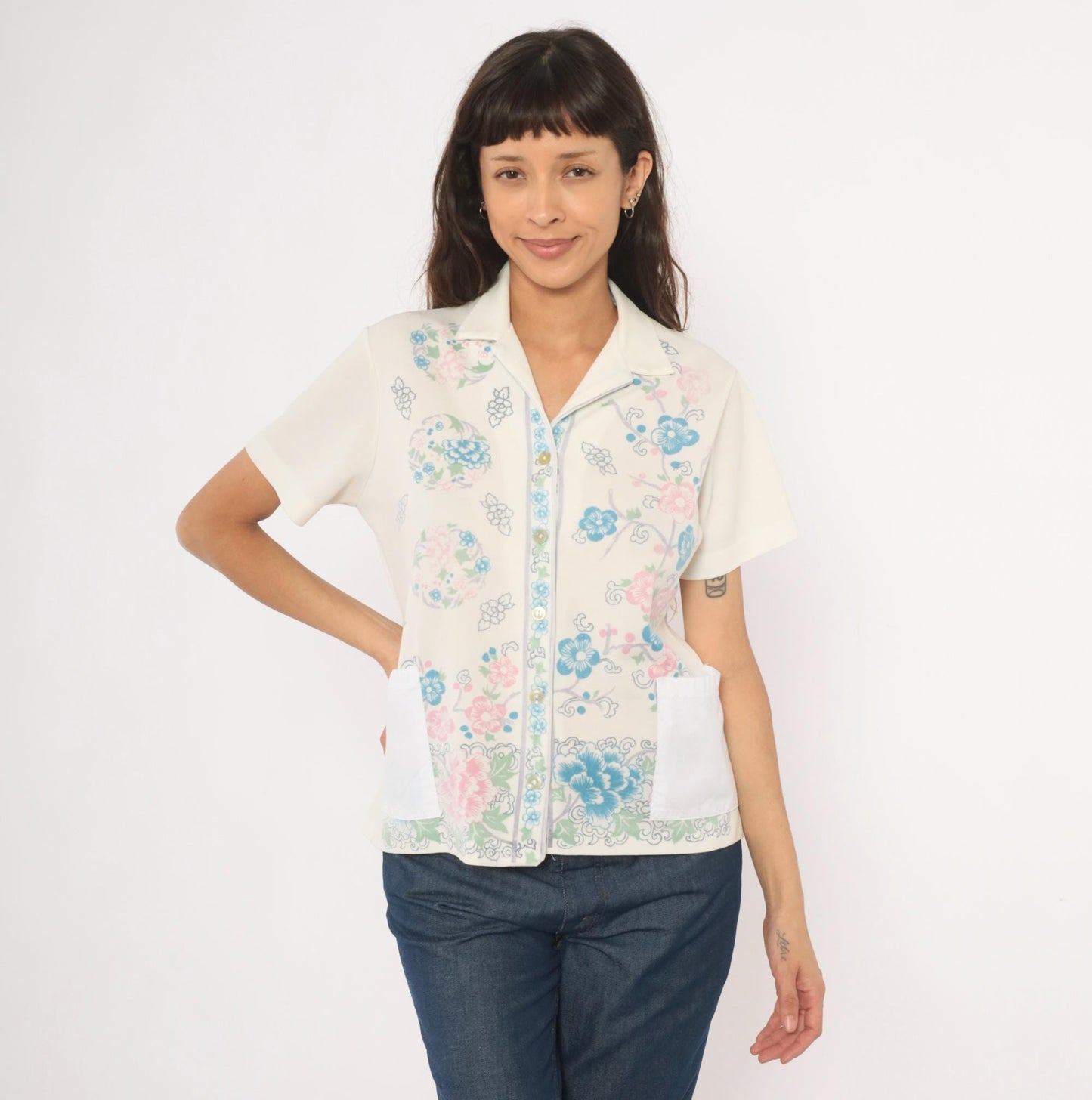 70s Cherry Blossom Peony Camp Collar Blouse Cream Floral Medium M