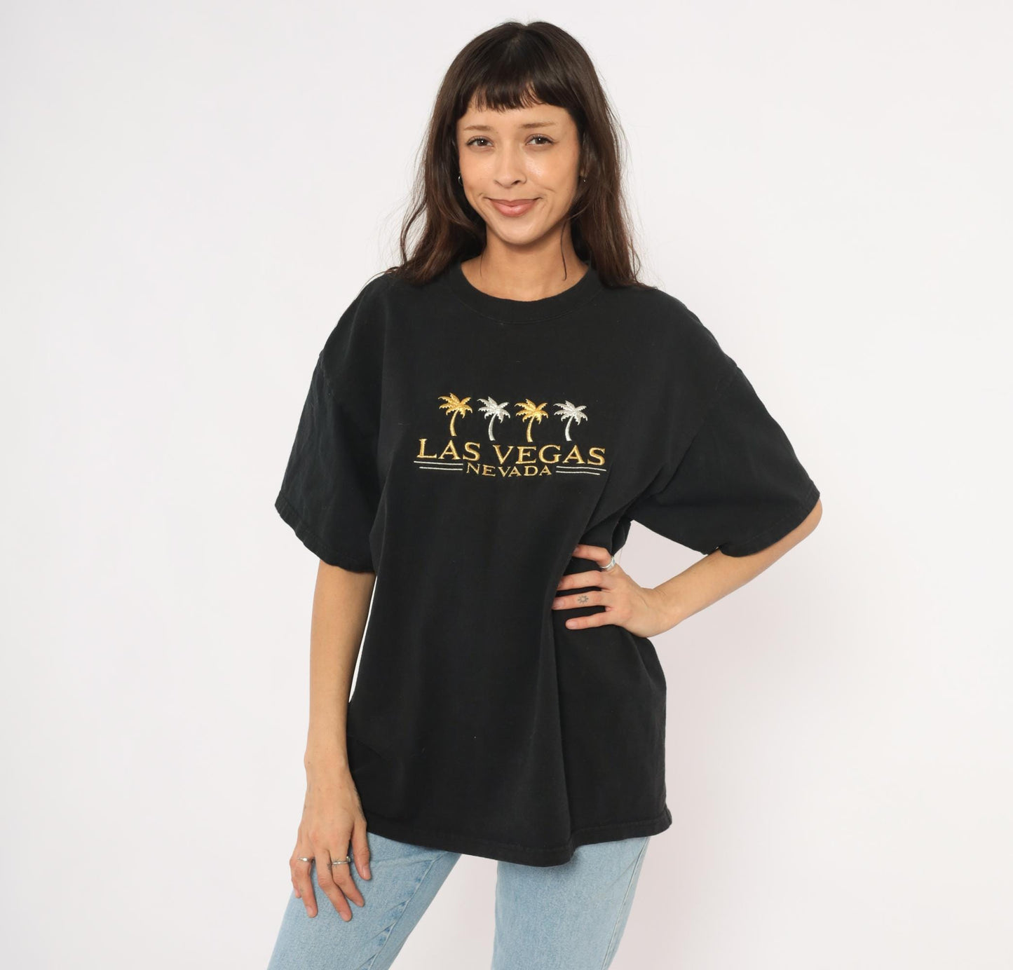 90s Las Vegas Nevada Embroidered Palm Tree Tee Black Cotton Mens Extra Large XL