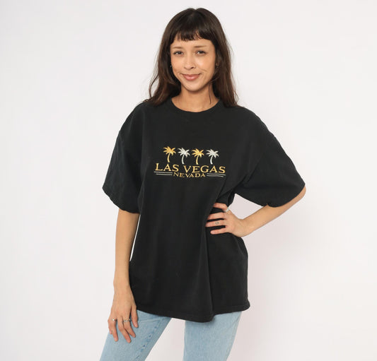 90s Las Vegas Nevada Embroidered Palm Tree Tee Black Cotton Mens Extra Large XL