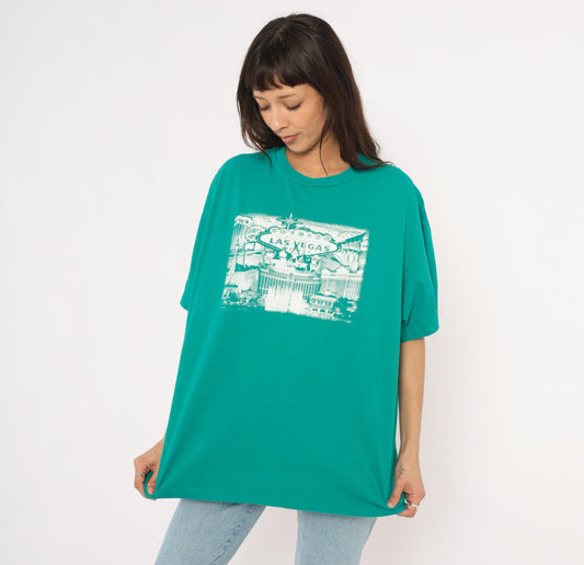90s Suna Las Vegas Skyline Teal Graphic Tee Plus Size XXL