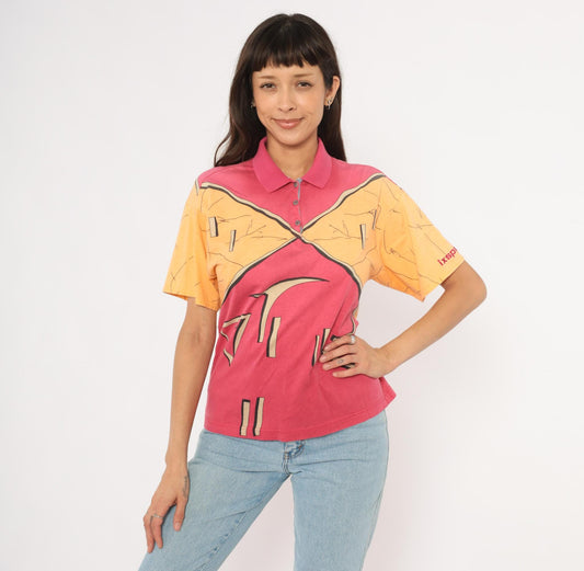 90s Ixspa Abstract Polo Pink Orange Cotton Geometric Graphic Medium