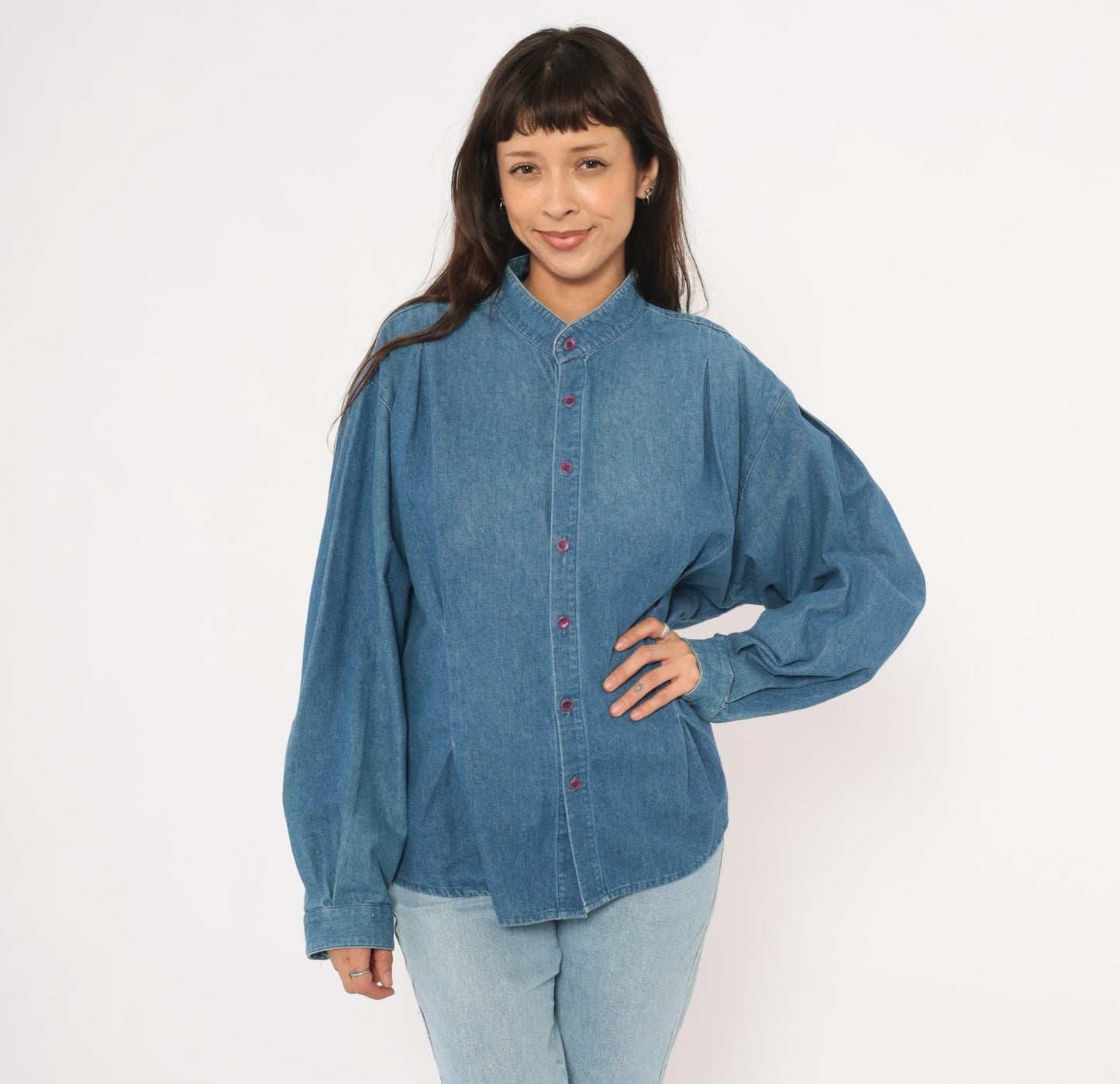90s International Male Denim Shirt Mandarin Collar Button Front Blue Chambray Large L