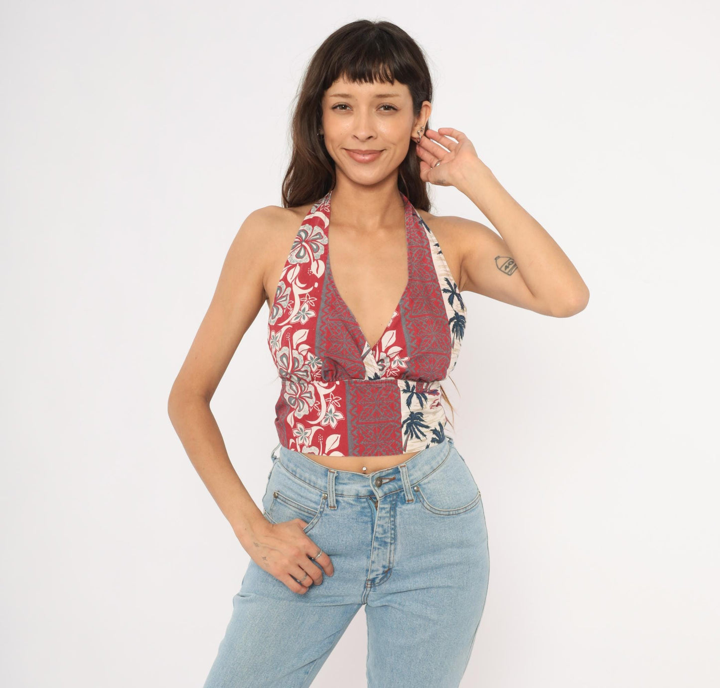 Y2K Hawaiian Halter Crop Top Tropical Print Red Navy Cream Small S