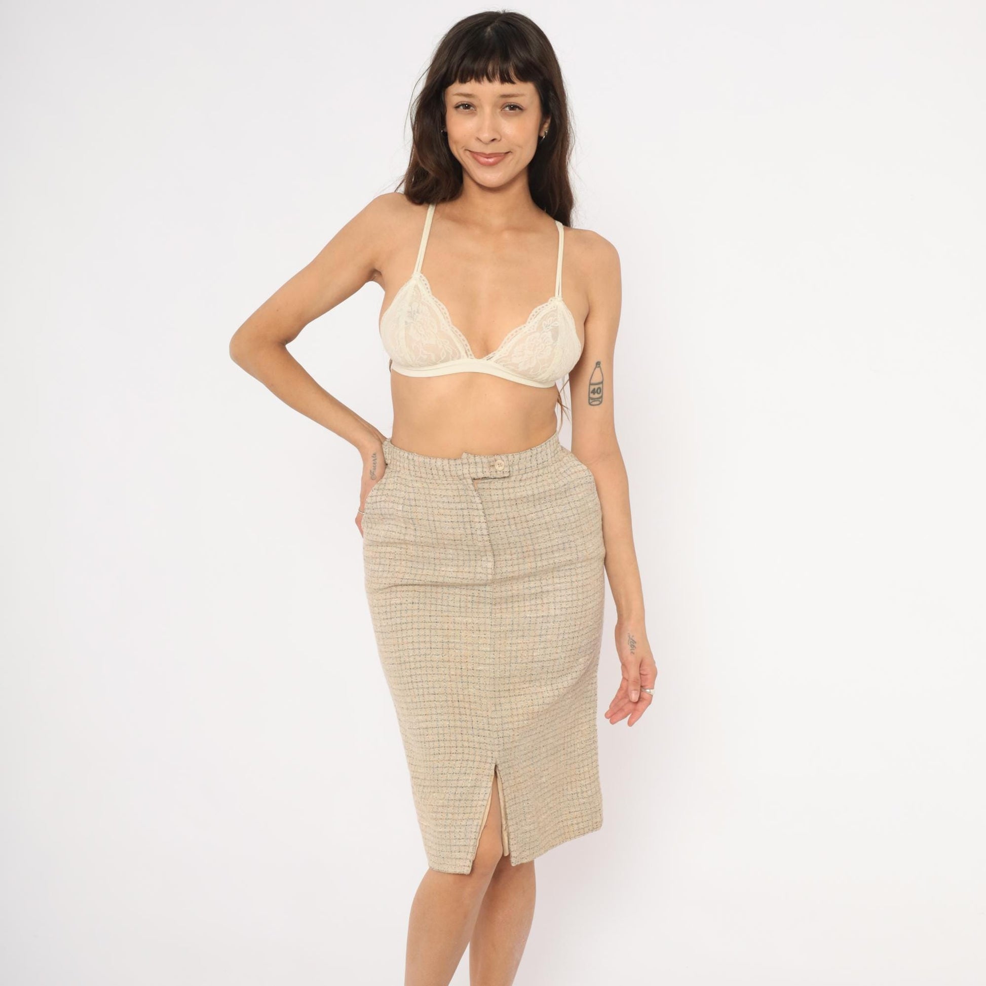 70s John Meyer Tweed Pencil Skirt Tan Houndstooth Check Knee Length Wool Small