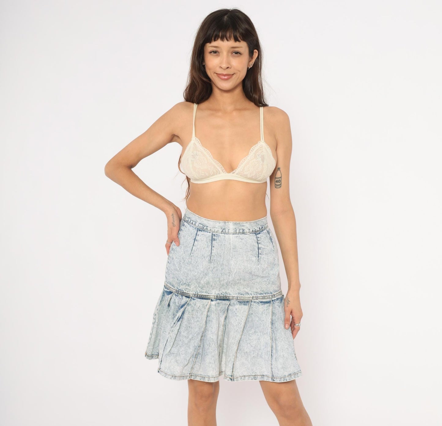 90s Free Agent Acid Wash Denim Mini Skirt Pleated Drop Waist Light Blue Small S