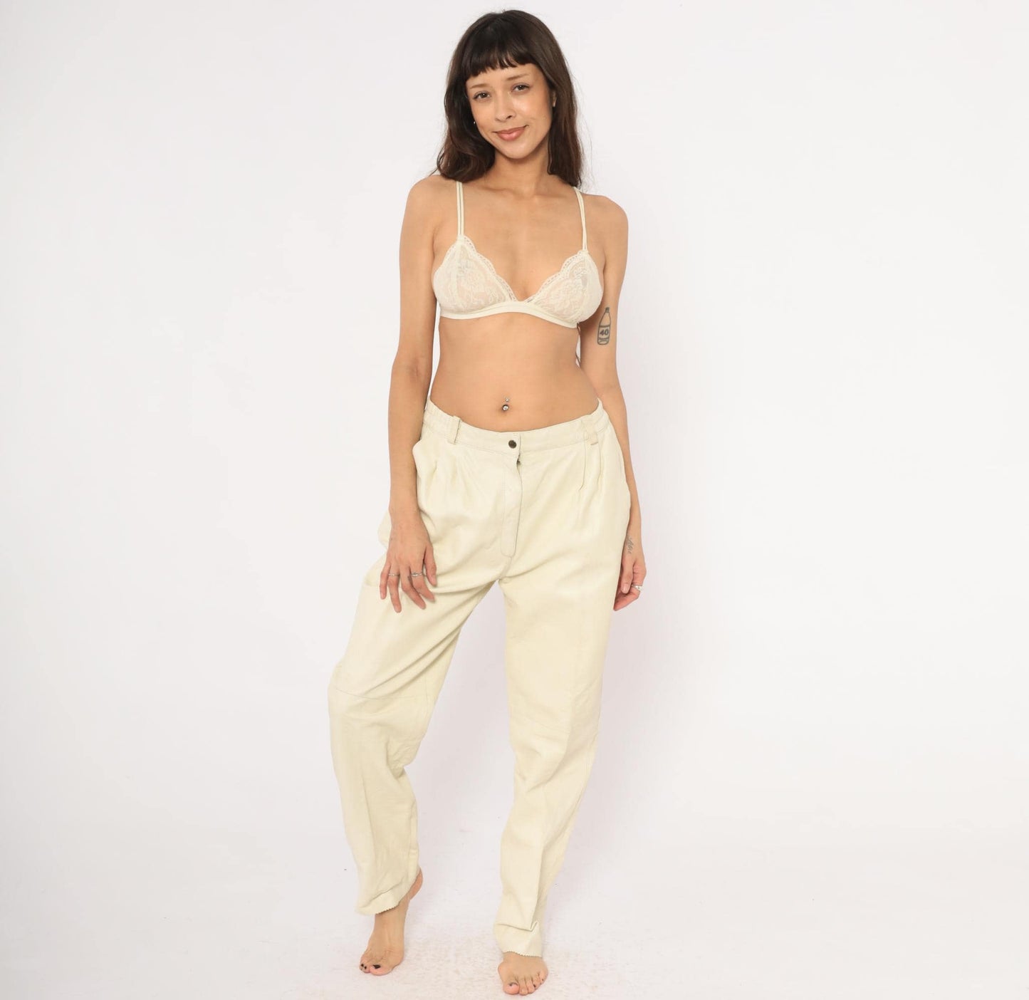 80s Masart Cream Leather Pants Pleated Front Straight Leg Mid-Rise Size 16