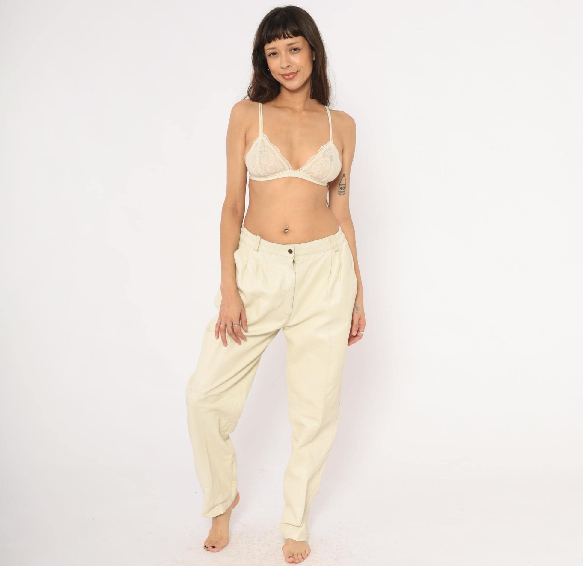 80s Masart Cream Leather Pants Pleated Front Straight Leg Mid-Rise Size 16
