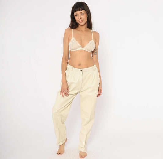 80s Masart Cream Leather Pants Pleated Front Straight Leg Mid-Rise Size 16