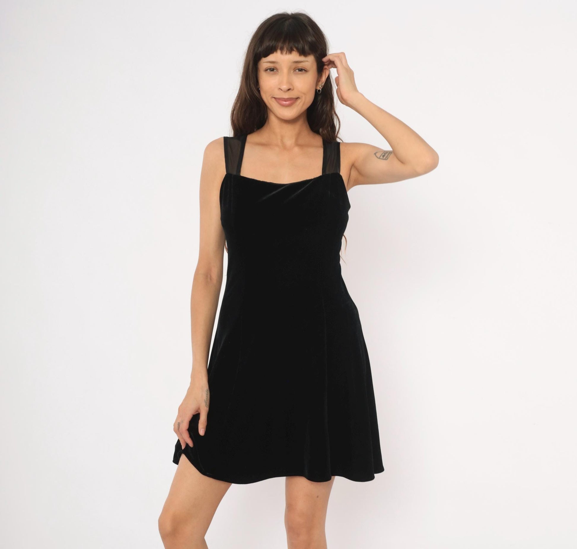 90s Betsy and Adam Black Velvet Mini Dress Sweetheart Neckline Mesh Back Medium M