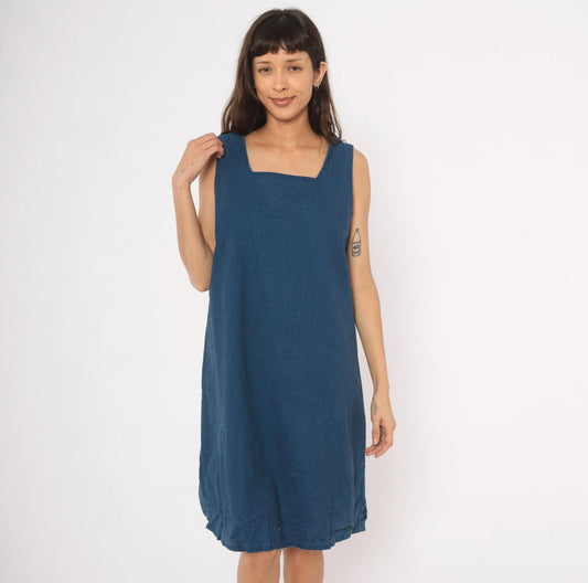 90s Portraits Navy Denim Shift Dress Square Neck Knee-Length Cotton Extra Large XL