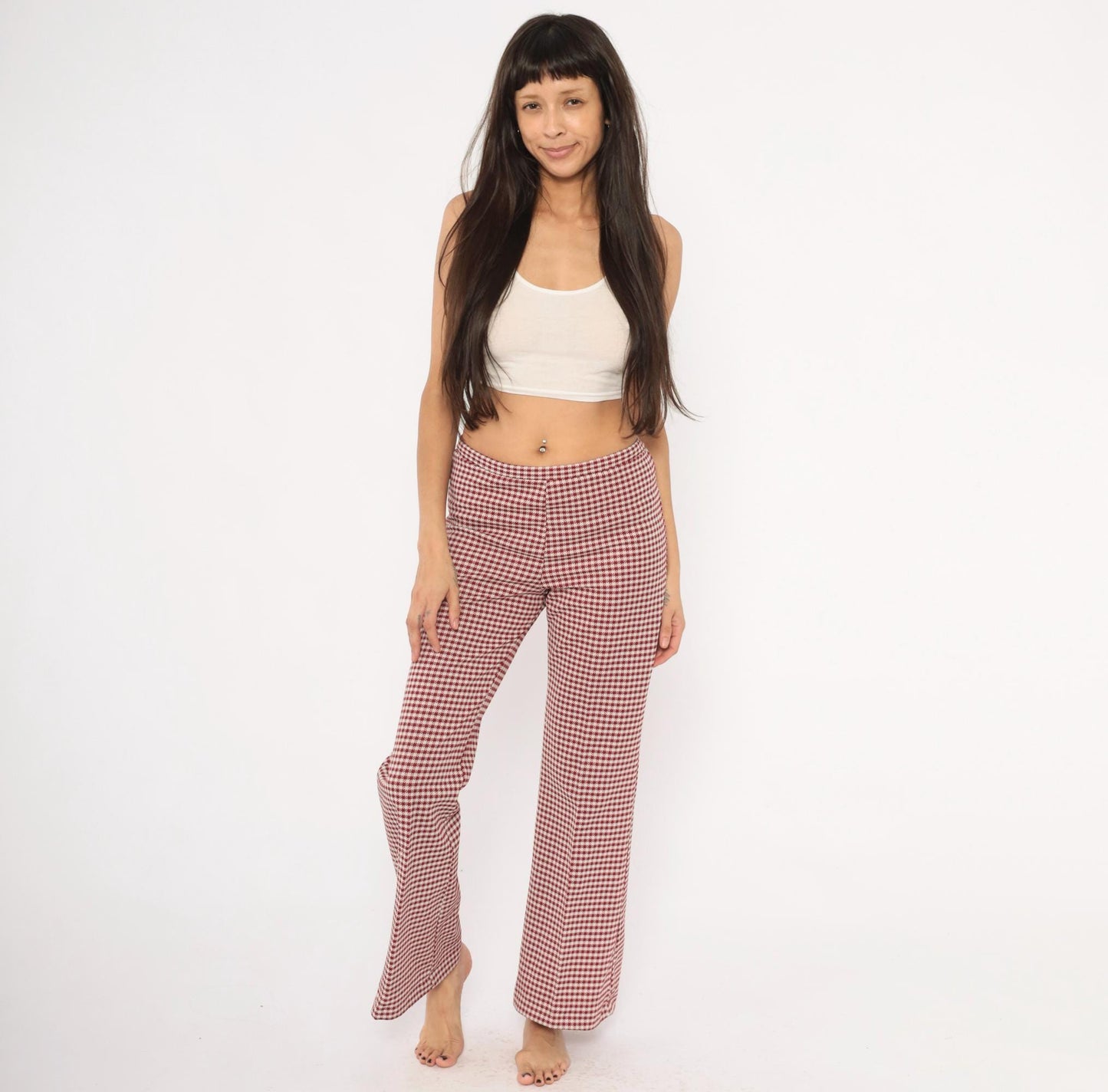 70s Houndstooth Flare Pants Burgundy Cream Low Rise Bell Bottom Medium
