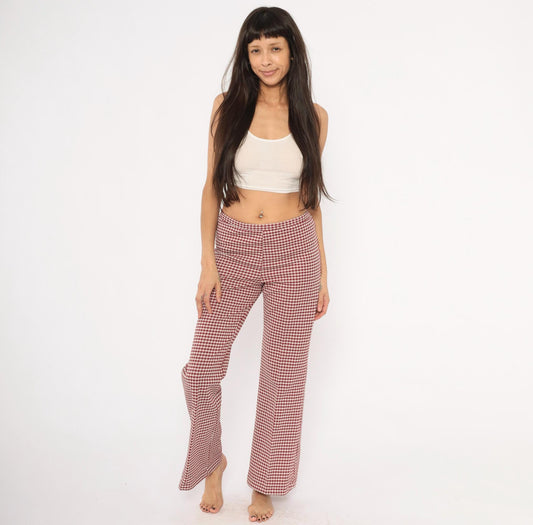 70s Houndstooth Flare Pants Burgundy Cream Low Rise Bell Bottom Medium