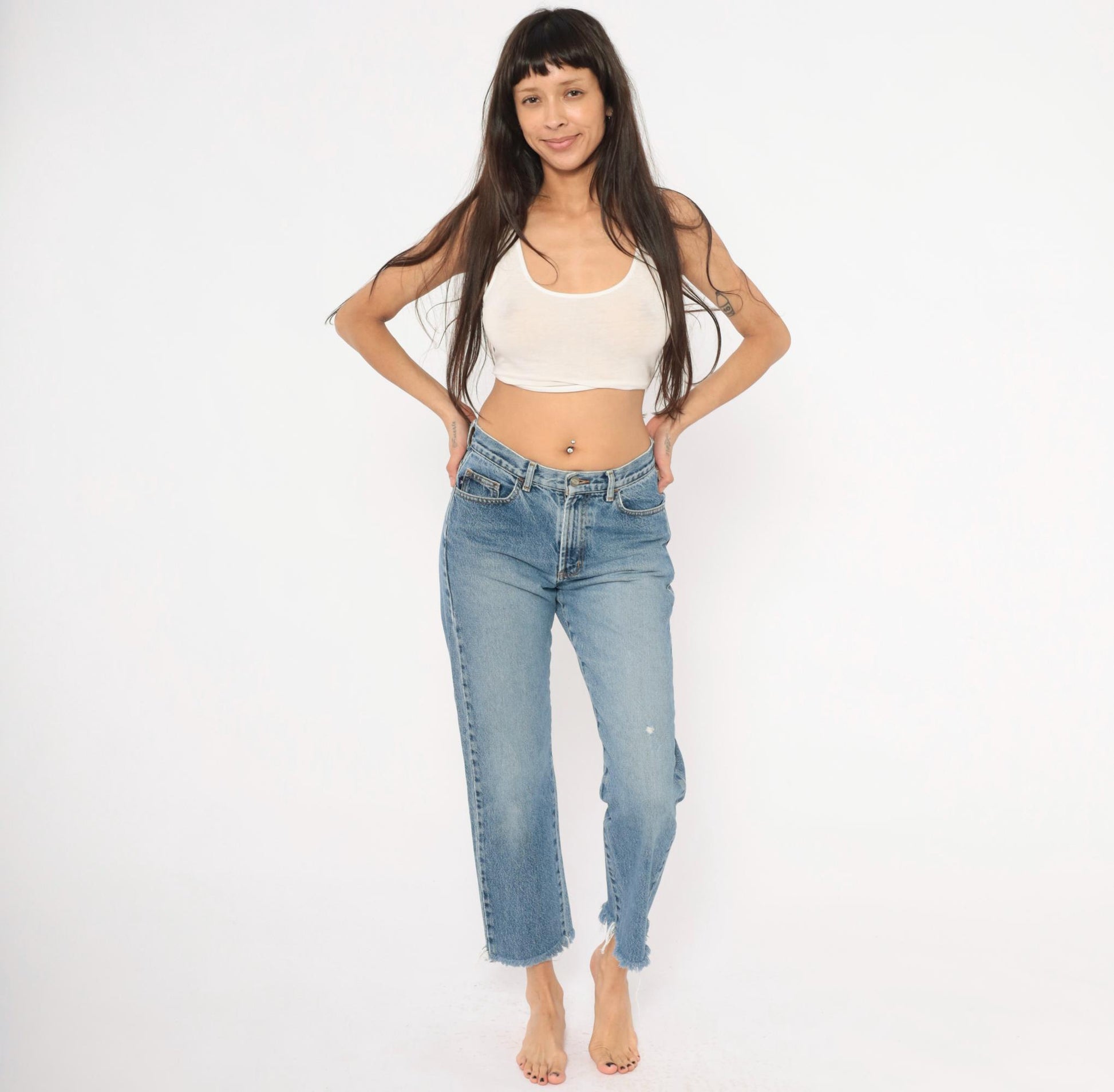 Y2K Bongo Cropped Jeans High Rise Straight Leg Raw Hem Blue Denim Small