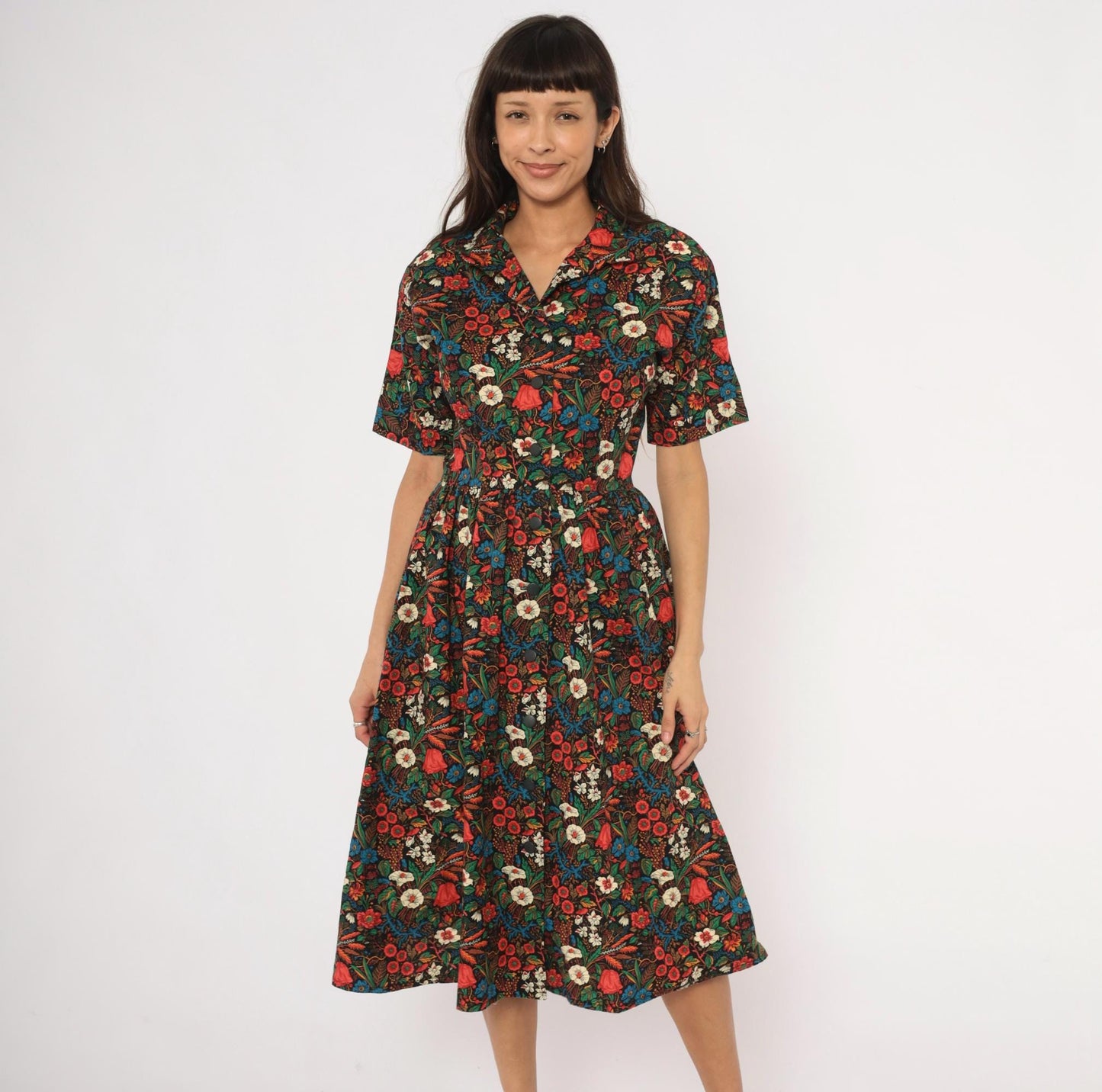 80s Black Floral Shirtdress Cotton Botanical Print Fitted Waist Small