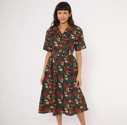 80s Black Floral Shirtdress Cotton Botanical Print Fitted Waist Small