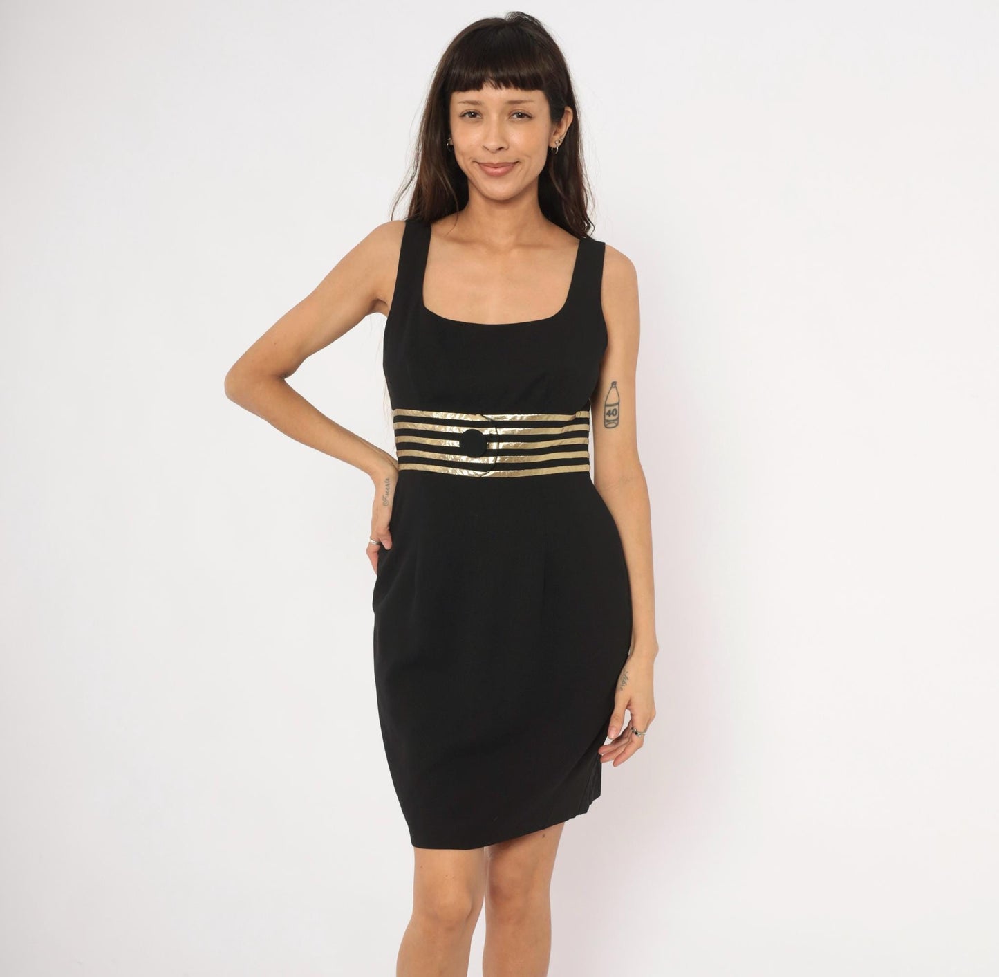 90s Datiani Black Mini Dress Gold Striped Waistband Sleeveless Medium M