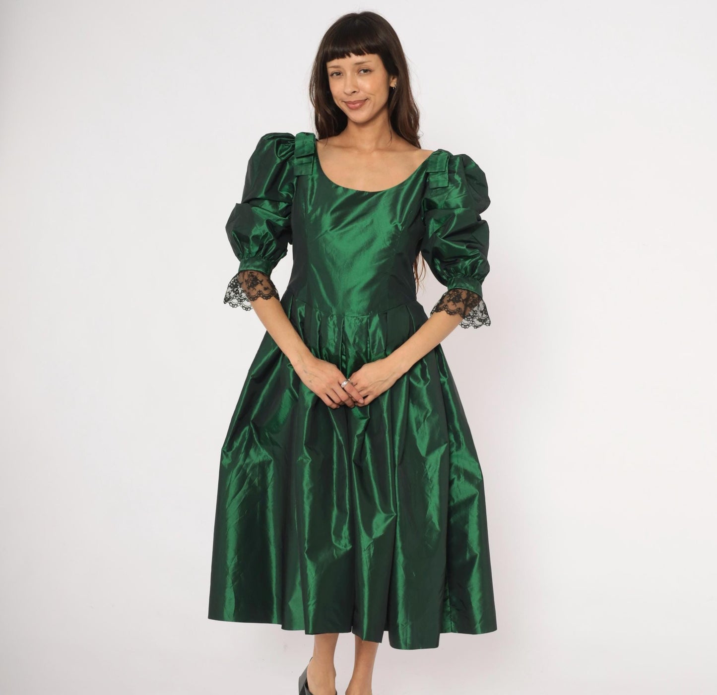 60s Emerald Taffeta Gown Puff Sleeve Forest Green Bow Shoulder Lace Cuff Large