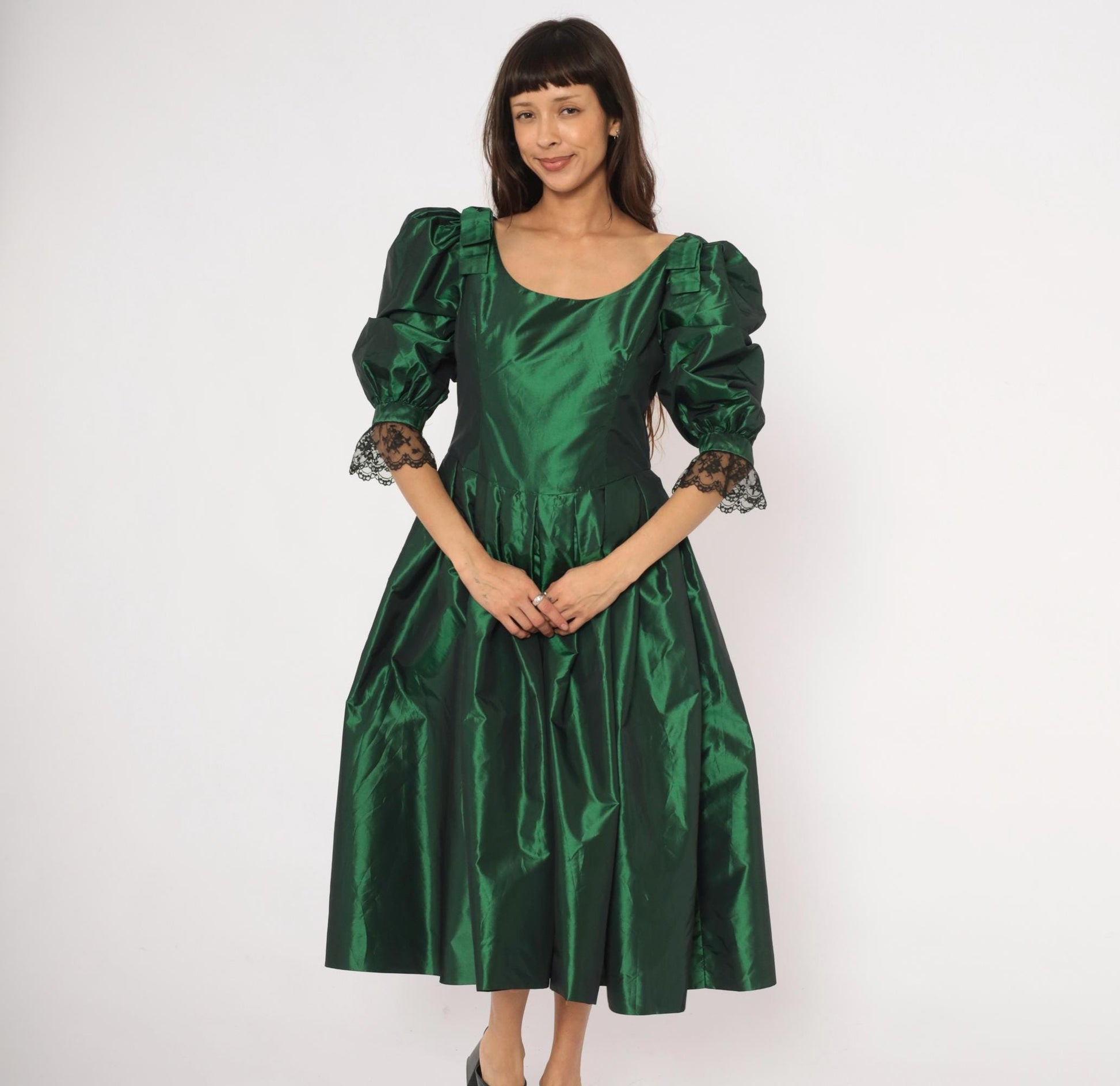 60s Emerald Taffeta Gown Puff Sleeve Forest Green Bow Shoulder Lace Cuff Large