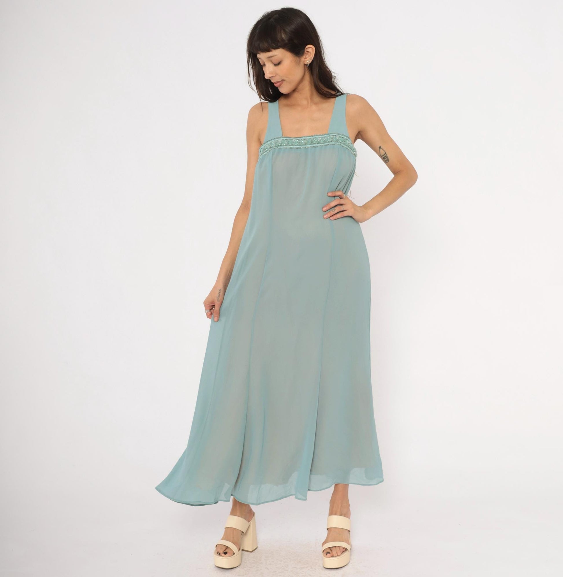 80s Ursula Ice Blue Maxi Dress Beaded Chiffon Empire Waist Small