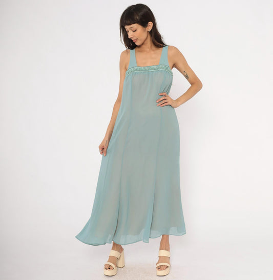 80s Ursula Ice Blue Maxi Dress Beaded Chiffon Empire Waist Small