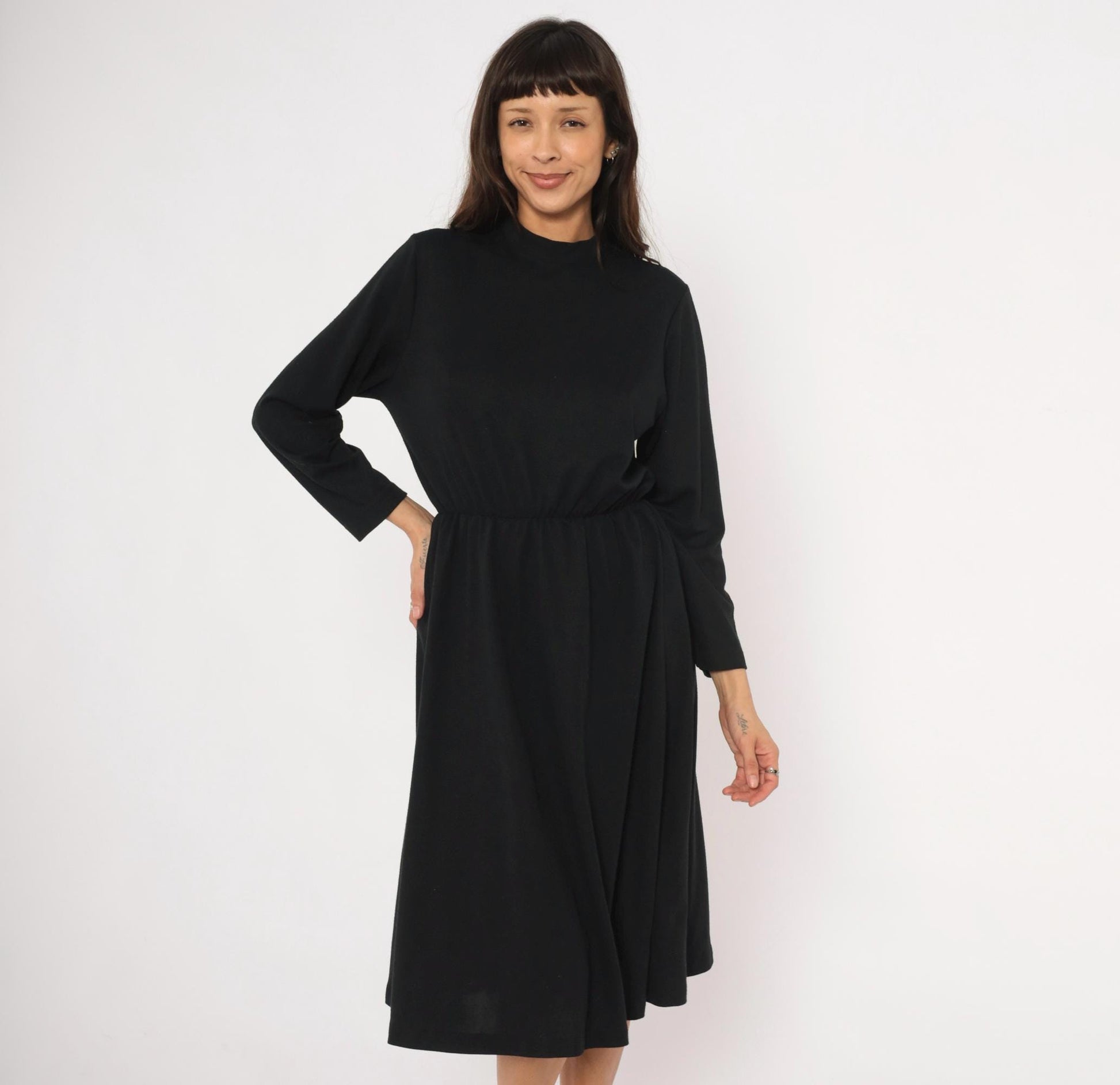 80s Philippe Marcel Black Mock Neck Dress Gathered Knee-Length Small Medium