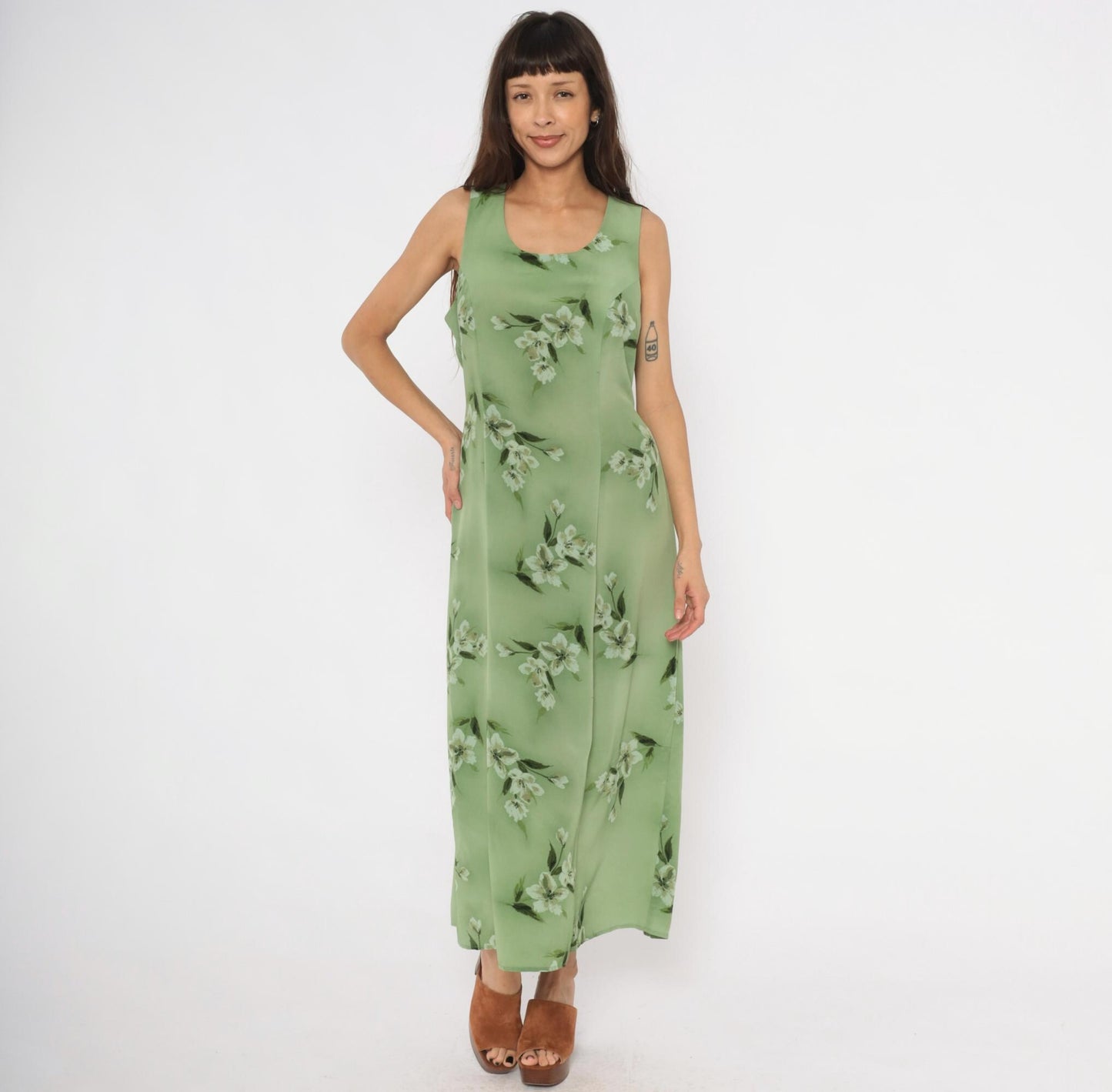 90s Fashion Bug Sage Green Floral Maxi Dress Sleeveless A-Line Large L