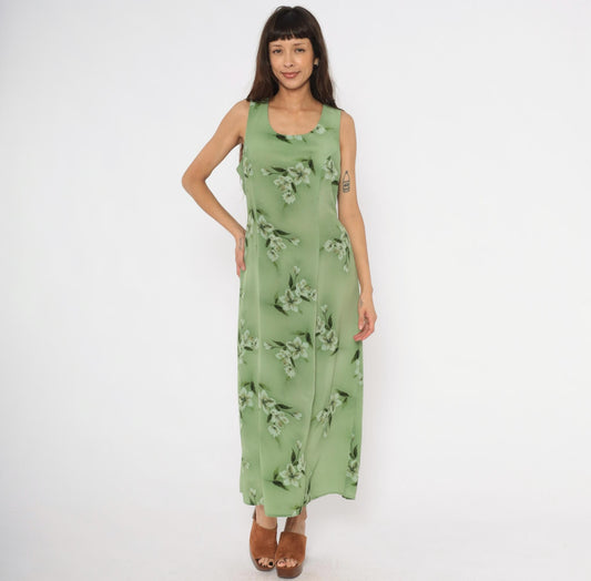 90s Fashion Bug Sage Green Floral Maxi Dress Sleeveless A-Line Large L