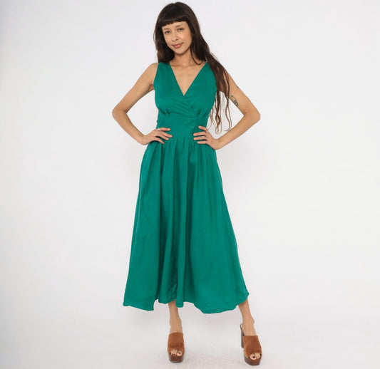 80s Kenar 2 Teal Linen Midi Dress Surplice V-Neck Sleeveless Small S