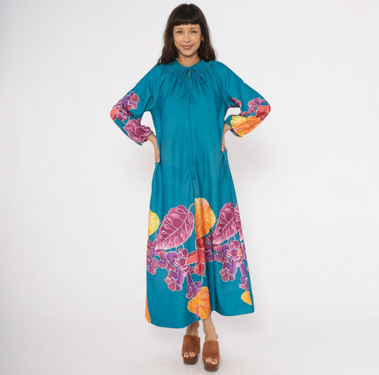 70s Teal Floral Caftan Maxi Dress Smocked Neckline Zip Front Medium M