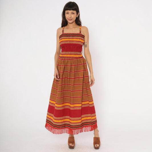 90s Striped Smocked Sundress Red Gold Fringe Hem Cotton Small
