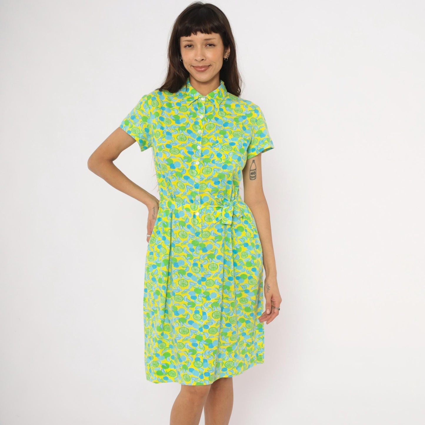 The Lilly Citrus Print Shirtdress Yellow Green Blue Knee-Length Cotton Medium