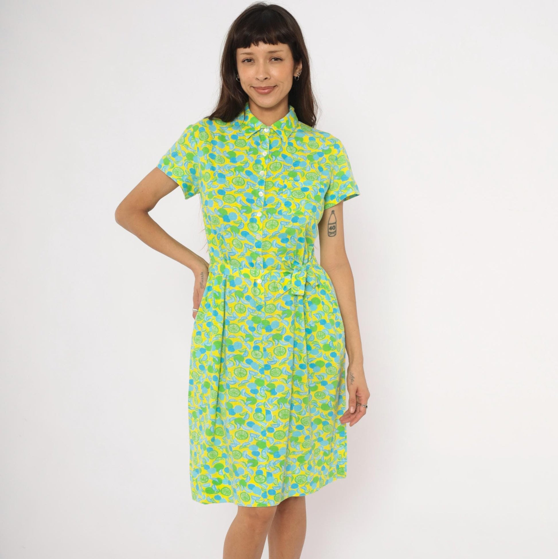 The Lilly Citrus Print Shirtdress Yellow Green Blue Knee-Length Cotton Medium