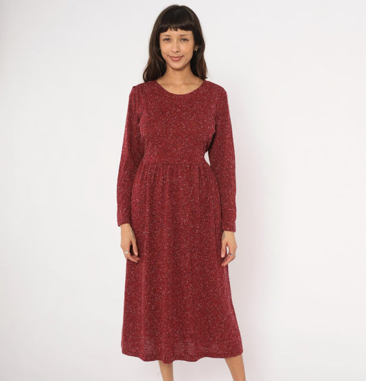 90s Alias Burgundy Speckled Knit Midi Dress Tie Back Medium M